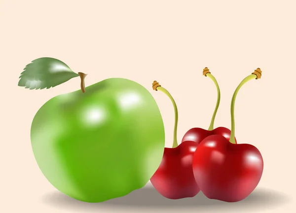베이지 배경에는 녹색 사과와 체리를 곁들여 놓는다. 건강 한 과일 — 스톡 벡터