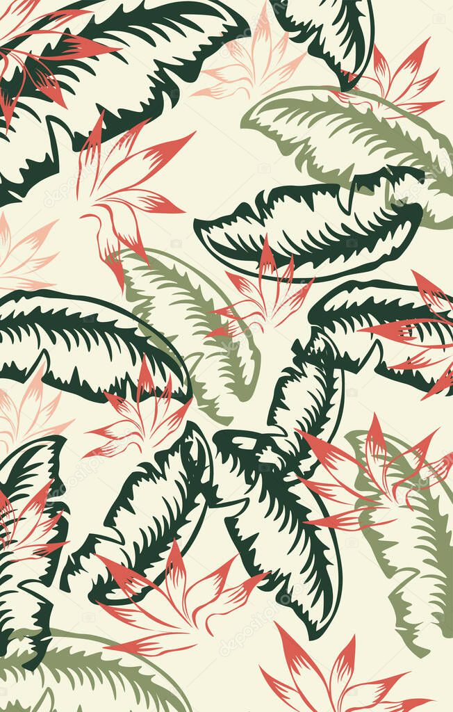 Red, green and dark green palm leaf pattern. Vintage design