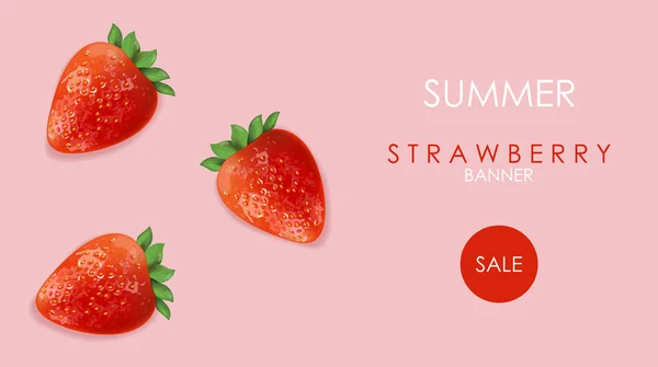 Zomer verkoop banner met aardbeien vruchten en roos achtergrond — Stockvector