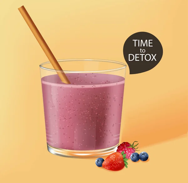 Ouderwets glas met bamboe stro. Berry smoothie met aardbeien en bosbessen decoratie. Tijd om te ontgiften — Stockvector