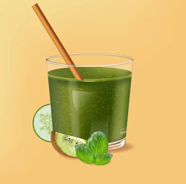 Vidro à moda antiga com palha de bambu. Espinafre smoothie verde com kiwi, pepino e decoração de limão —  Vetores de Stock