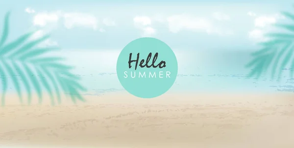 Hello summer banner with beach, sea and palm leaves. Cloudy day with breeze — Stock Vector