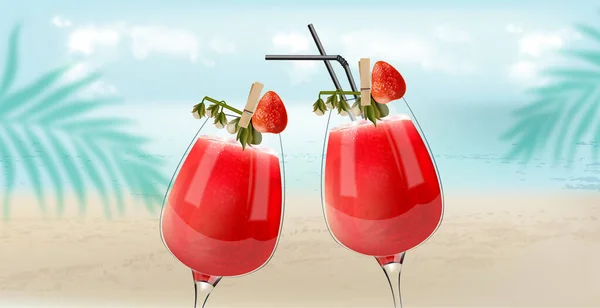 Клубничные коктейли звенят на фоне пляжа, моря и пальмовых листьев. Атмосфера бриза — стоковый вектор