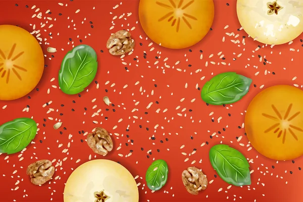 Apfel- und Khaki-Fruchtscheiben, Walnuss-, Spinatblätter, Mohn und Sesam auf rotem Hintergrund. Gesunde Nahrungszusammensetzung — Stockvektor