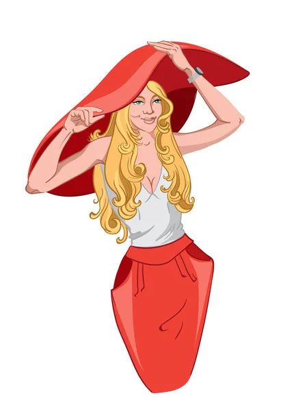 Mujer rubia adulta sonriente en blusa blanca, falda roja y sombrero grande — Archivo Imágenes Vectoriales