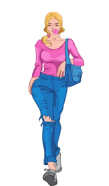 Junge blonde Frau in blauen Jeans, rosa T-Shirt, grauen Turnschuhen mit blauer Handtasche, die Kaugummiblase auspustet — Stockvektor