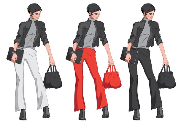 Conjunto de mulher de cabelos pretos em jaqueta, calças, suéter, botas, com uma bolsa e um bloco de notas na mão. Roupa de negócios elegante e elegante moderna — Vetor de Stock