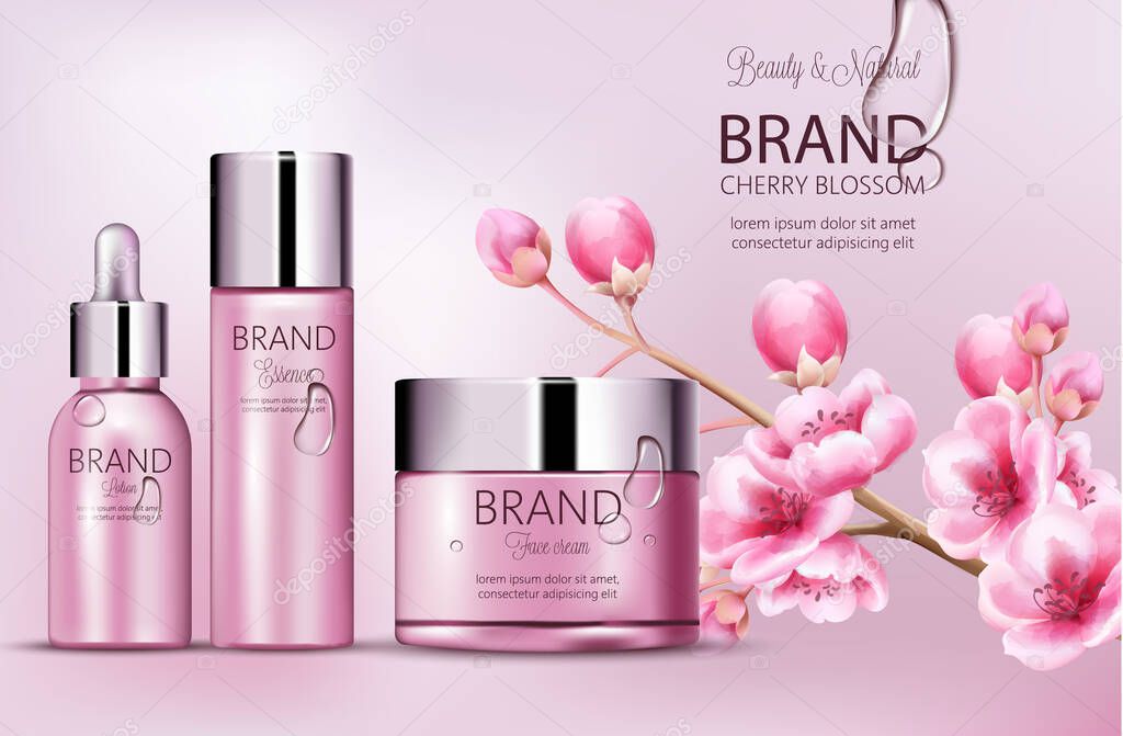 Cherry pink cosmetics brand. Set of bottles with essence, face cream, lotion. Product placement. Cherry blossom. Covered in dew. Place for brand. Realistic vectors