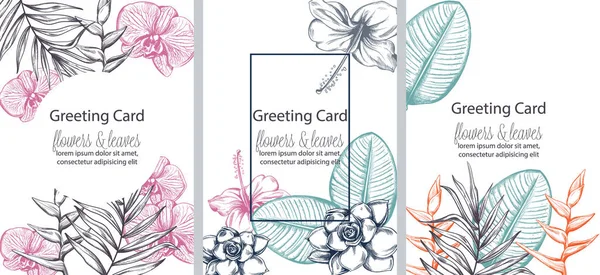 Conjunto de tarjetas de felicitación con lugar para el texto. Flores coloridas y hojas en línea arte — Archivo Imágenes Vectoriales