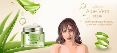 Cilt bakımı için Aloe Vera kremi. Çıplak esmer kadın reklamı. Aloe arkaplanı