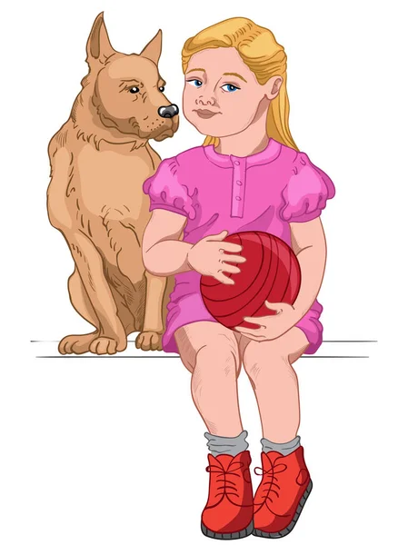 Blondynka ubrana w różową sukienkę i czerwone buty trzymając czerwoną piłkę podczas siedzenia z psem — Wektor stockowy