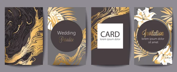 Σύνολο ευχετήριων καρτών με θέση για κείμενο. Παράδεισος γάμου. Πρόσκληση. Σκούρο καφέ, γκρι και χρυσά χρώματα. Τροπικά άνθη — Διανυσματικό Αρχείο