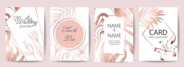 Conjunto de tarjetas de celebración de bodas con lugar para el texto. Guarda la fecha. Flores tropicales. Blanco y rosa colores oro — Vector de stock