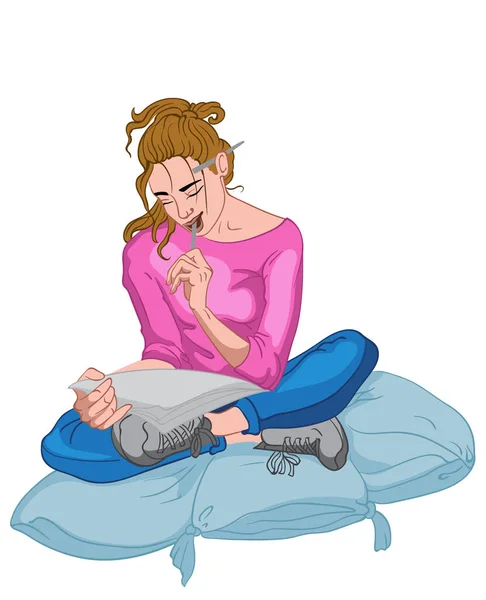 Morena pensativa vestida com jeans azuis, camiseta rosa e sapatos cinza escrevendo algo enquanto se senta em um grande travesseiro —  Vetores de Stock