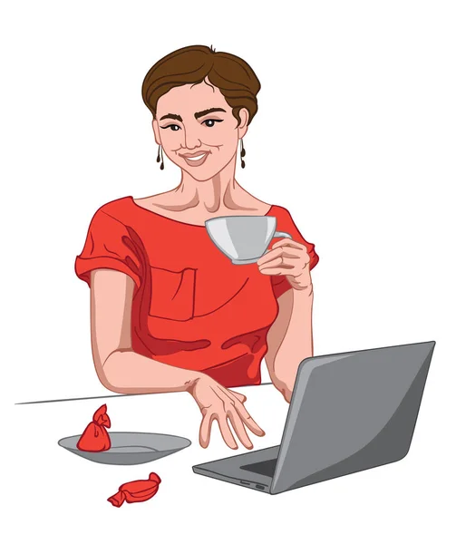 Mulher morena alegre em vestido vermelho olhando para a câmera com uma xícara de café na mão e trabalhando. Doces vermelhos na mesa —  Vetores de Stock