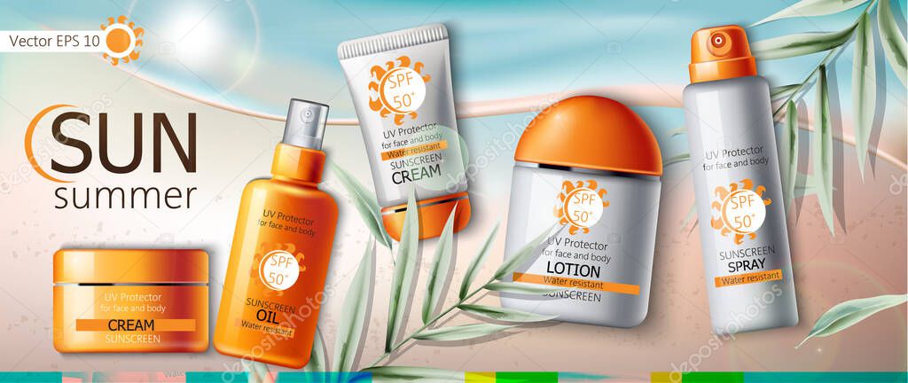 Set of sunscreen cream, lotion, spray and oil. UV protection. Water resistant. Realistic. Beach and leaves background