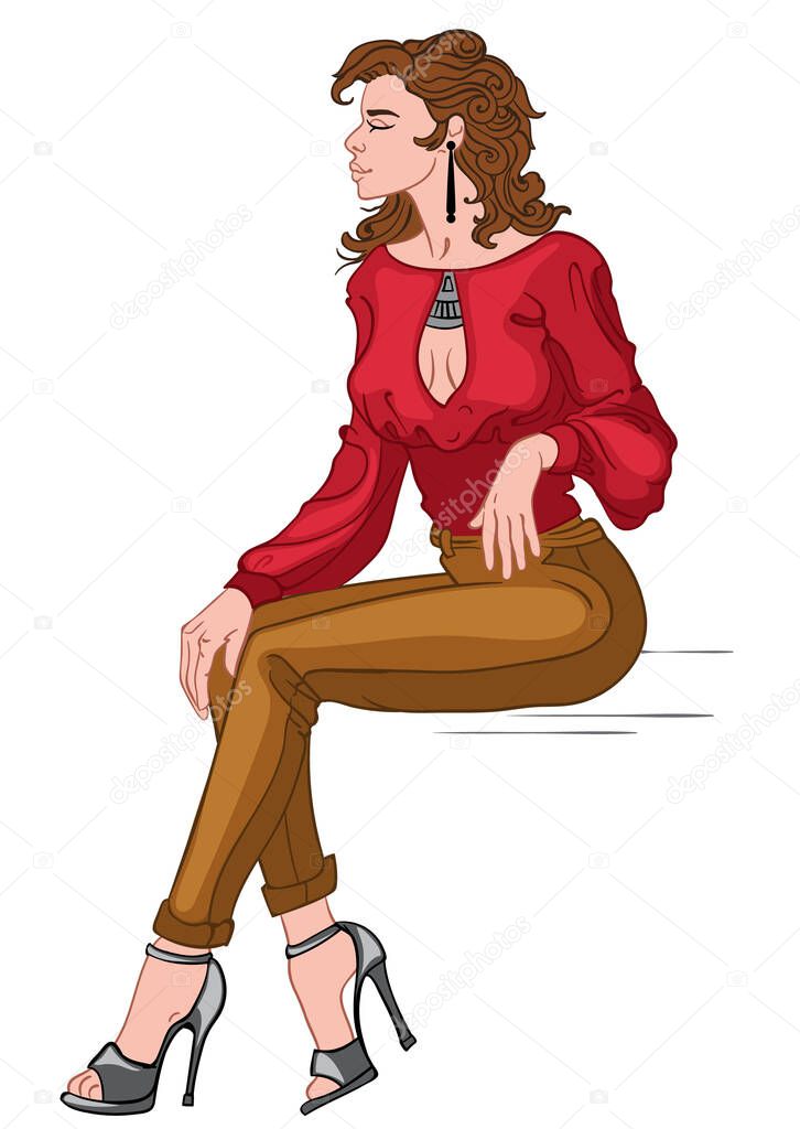 Sexy brunette in red blouse, brown pants and gray high heels posing while sitting