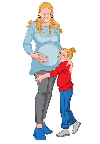 Mujer rubia embarazada con su hija pequeña. Familia feliz — Archivo Imágenes Vectoriales