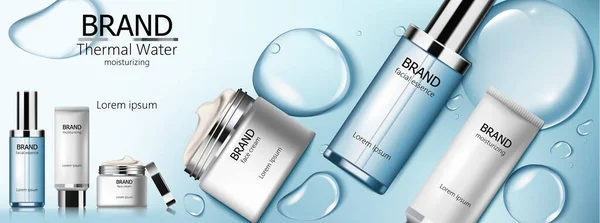 Conjunto de cosméticos de água termal com essência facial, hidratante e creme. Azul bolhas fundo — Vetor de Stock