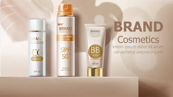 Sonnenschutz Körperspray und Creme in beige Farbe. Product-Placement-Attrappe — Stockvektor