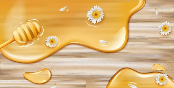 Miel goteando de cuchara en textura de madera con decoración de manzanilla — Vector de stock