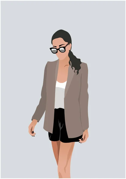 Pretty young woman in white blouse, black shorts, beige jacket and black sunglasses — Stock Vector