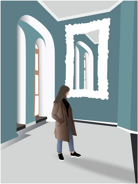 Mladá žena v černých botách a tričku, modré džíny, hnědá bunda ve viktoriánském designu interiéru s kozorovými stěnami. Průzkum umění — Stockový vektor
