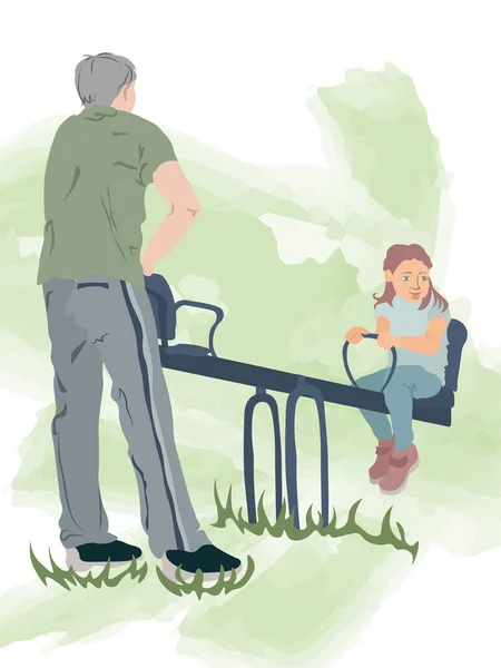 Vater in grauer Hose, grünen Schuhen und T-Shirt spielt mit seiner Tochter. Aquarellstil — Stockvektor