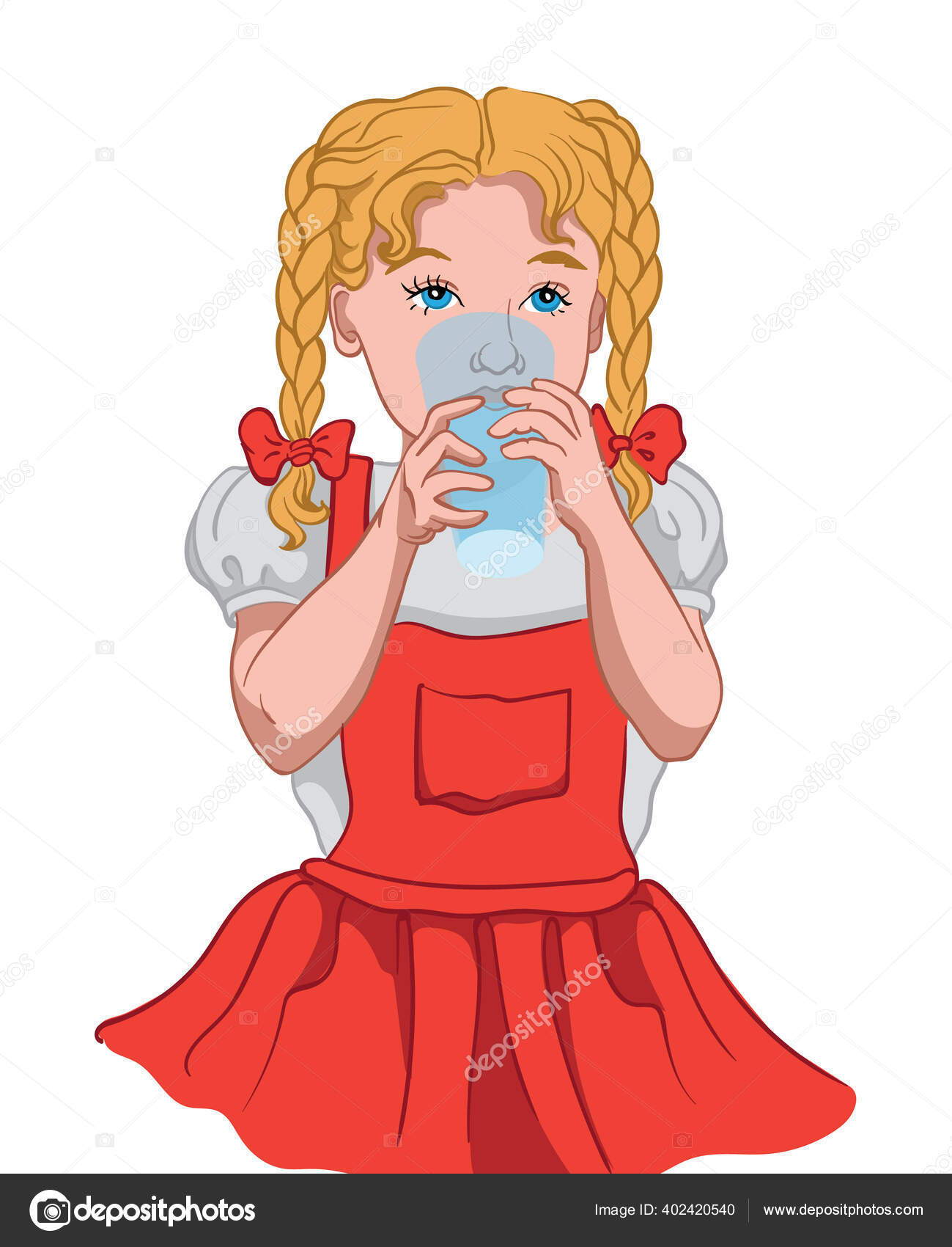 Menina loira com olhos azuis em vestido vermelho e blusa branca água  potável de um copo de vidro Vetor de ©inagraur.ymail.com 402420540, image size:1299x1700