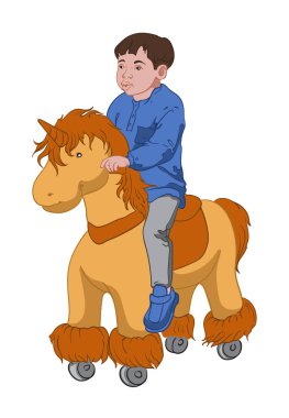 Mavi gömlekli, ayakkabılı, gri pantolonlu, oyuncak midilli süren küçük bir çocuk.