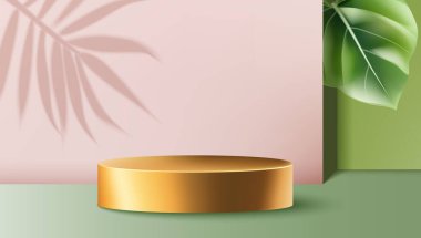 Pembe ve yeşil duvarlarla çevrili, egzotik yapraklı altın yuvarlak konteynır. Ürün yerleştirme