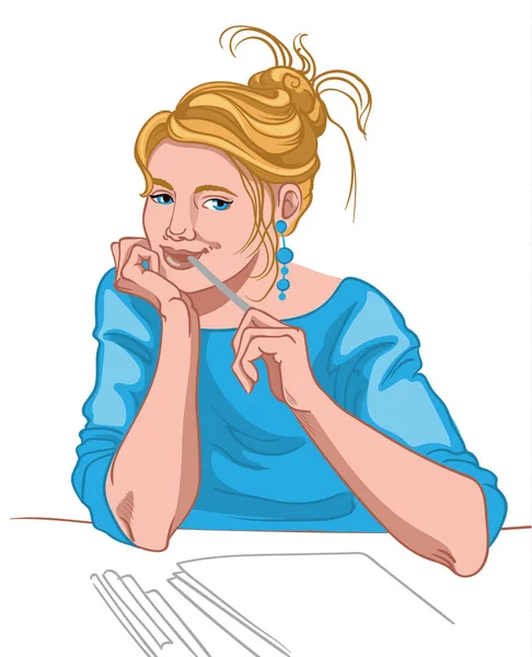 Mujer rubia joven con ojos azules y cara alegre vestida con blusa azul pensando qué escribir. Rutina de trabajo — Archivo Imágenes Vectoriales