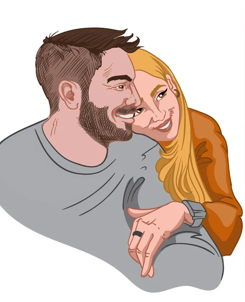 Um casal feliz a abraçar e a desviar o olhar. Morena homem em camisola cinza e mulher loira em laranja jumper —  Vetores de Stock
