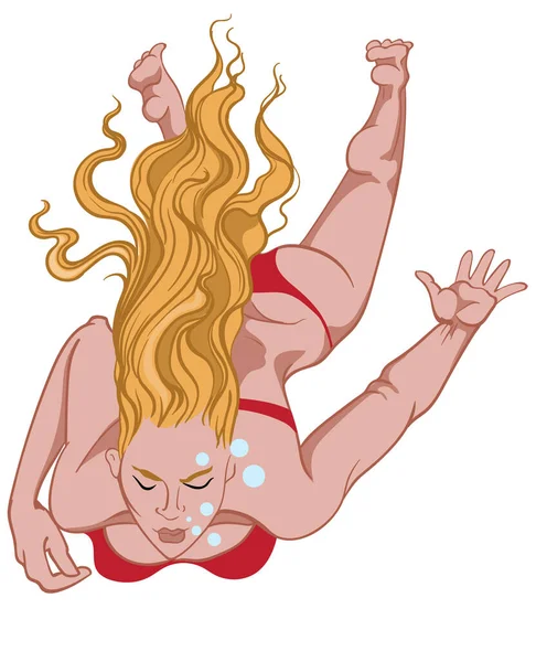 Блондинка с серьезным выражением лица в красном бикини, плавающая в воде. Воздушные пузыри — стоковый вектор