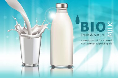 Bir şişe ve sütlü bir fincan kompozisyonu. Bardaktan boşanırcasına. Sıçramalar. Biyoloji. Taze ve doğal. - Evet. Gerçekçi. 3 Boyutlu Model