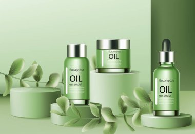 Okaliptüs yağı dolu üç konteynırla çevrili dört podyum. Mesajlaşmak için yer var. Gerçekçi. 3 Boyutlu Model
