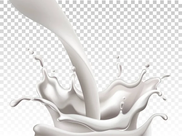 Mléko stékající dolů a vytvářející velké šplouchání. Realistické — Stockový vektor