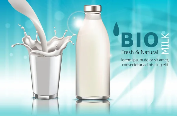 Sammansättning av en flaska och en kopp mjölk. Häller ner. Sprickor. Bio. Färsk och naturlig. . Realistisk. 3D Mockup — Stock vektor