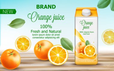 Carton box with orange juice surrounded by citruses and leaves. With vitamin from real fruit. Fresh and natural product. With place for text. Realistic clipart