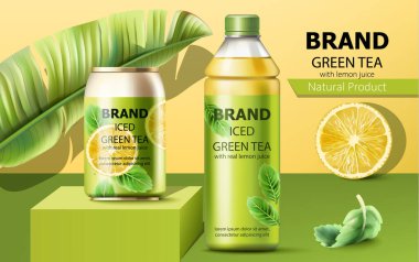Podyumda gerçekçi bir kutu ve içinde gerçek limon suyu ve nane yaprakları olan bir şişe buzdan yeşil çay. Ürün yerleştirme ile 3B modelleme