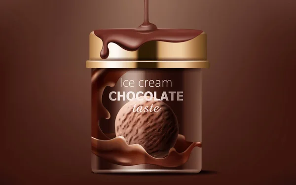 Realistica scatola di gelato al cioccolato con liquido versato dall'alto su di esso. Mockup 3D con inserimento prodotto — Vettoriale Stock