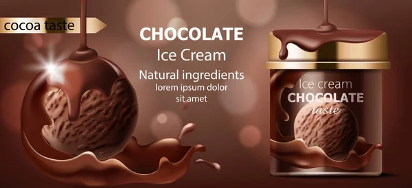 Scatola realistica e una palla di gelato al cioccolato. Liquido marrone versato dall'alto e spruzzato in giro. Mockup 3D con inserimento prodotto. — Vettoriale Stock