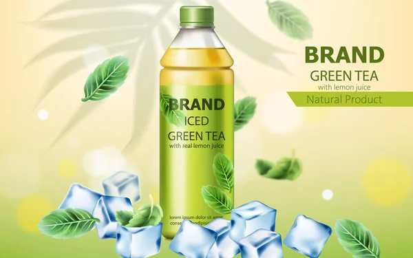 Ρεαλιστικό μπουκάλι από φυσικό παγωμένο πράσινο τσάι με πραγματικό χυμό λεμονιού βυθισμένο σε παγάκια και φύλλα δυόσμου. 3D μακιγιάρισμα με τοποθέτηση προϊόντων — Διανυσματικό Αρχείο