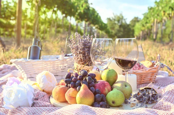 Świeże owoce i wino piknik na świeżym powietrzu. Winorośl stoczni tło smaczne jedzenie styl życia naturalne — Zdjęcie stockowe