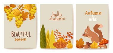 Sonbahar tematik kartları. Üzüm, çalı, yaprak, dal, sincap, mantar ve palamut.