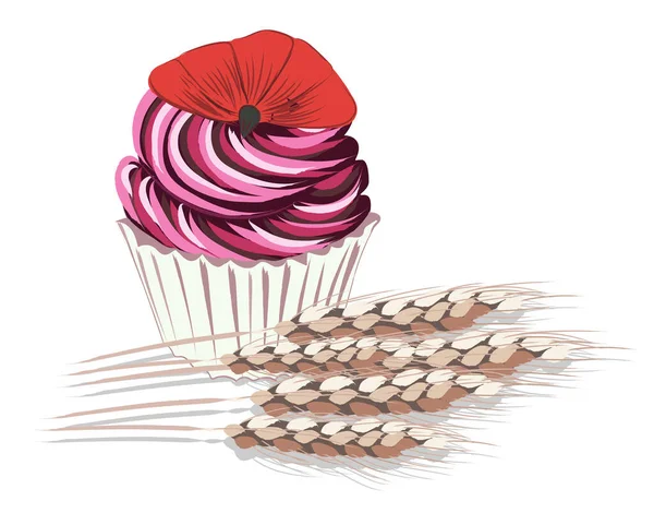 Sammansättning av en cupcake med vallmo blomblad på den och vete som ligger ner — Stock vektor
