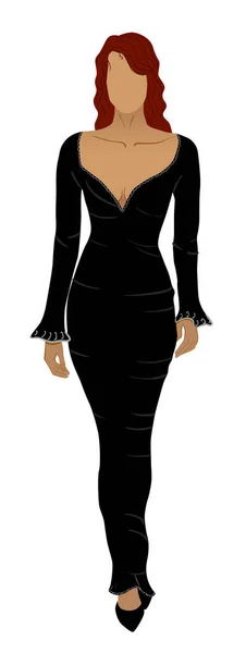 長い黒のドレスと低靴で顔のない赤い頭の女性 — ストックベクタ