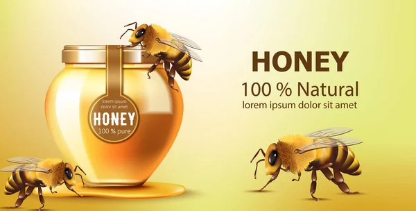 Sklenice plná medu obklopená včelami. Přírodní produkt. S místem pro text. Realistické — Stockový vektor