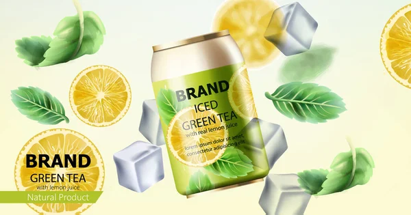 Composição de uma lata de chá verde gelado cercada por cubos de gelo, hortelã e fatias de limão. Com lugar para SMS. Realista — Vetor de Stock