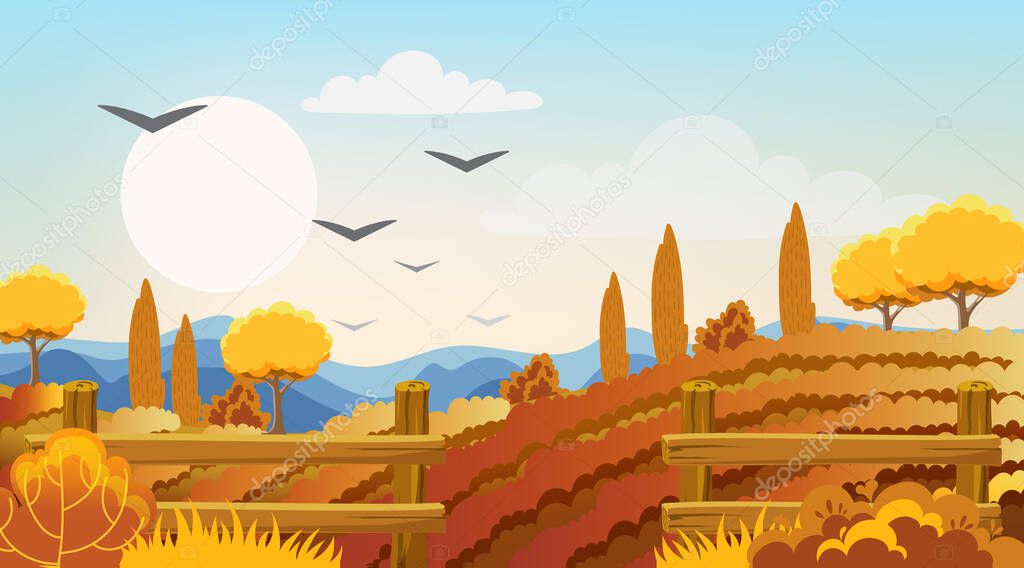 Empty fields surrounded by fences, bushes and trees. Autumn thematics. Flying birds